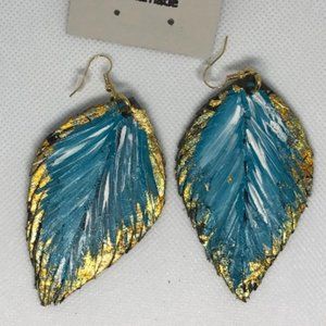 Leather hand painted golf leaf turquoise earrings